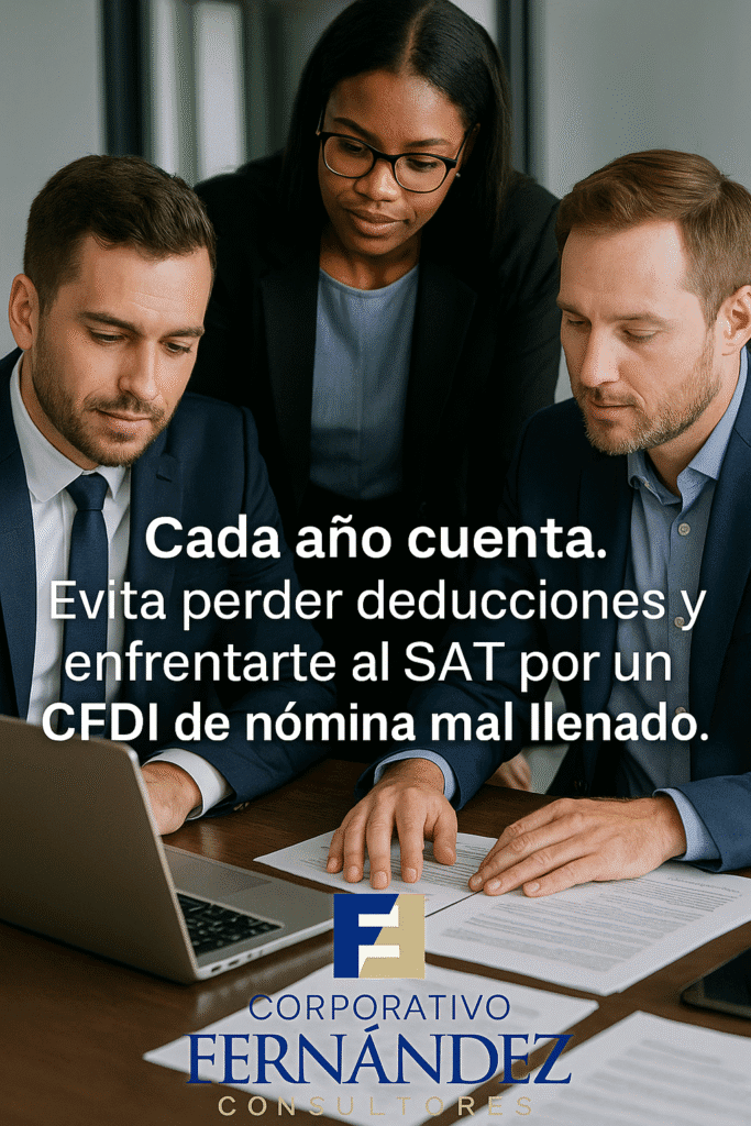 Empresarios revisando CFDI de nómina en una oficina moderna, representando la importancia del correcto llenado para evitar errores fiscales